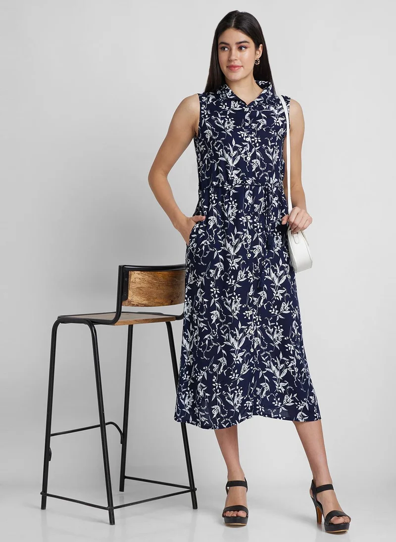 globus Globus Women Floral Printed Shirt Collar A-Line Midi Dress